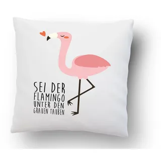 Kissen mit Spruch: ''Sei der Flamingo unter den grauen Tauben'' - 40cm x 40cm - Kissen inkl. Füllung - Deko Kissen - hochwertige Qualität - Made in Germany - weiß - Flamingo - Pink - Federn