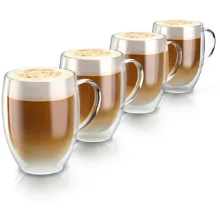 Arendo Gläser-Set doppelwandige Thermogläser mit Henkel, 350 ml Kaffeetasse, Trinkglas, 4-tlg., Glas, für Latte Macchiato, Cappuccino, Tee, hitzebeständig spülmaschinenfest weiß