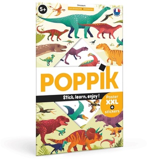 POPPIK 1841059 Sticker-Poster, Dinosaurier, interaktives Lernposter mit Aufklebern, mehrsprachiges Dinoposter, für Kinder ab 6 Jahren, 68 x 100 cm