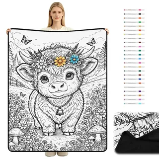 GWCYMYD DIY Decke zum Ausmalen 150x127 cm mit 24 Stoffmalstiften (Kuh) | DIY Coloring Blanket Farbecht Wärmend & Waschbarer Samt Decke Zum Bemalen für Freizeit, Geburtstag und Feiertage