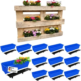 BURI 12 Euro-Paletten Blumenkästen-Einsätze inkl. Bewässerungsmatte | 37,3cm Blau | Pflanzkasten für Europalette Palette | Balkonkasten | Blumentopf | aus stabilen Kunststoff | Made in Germany