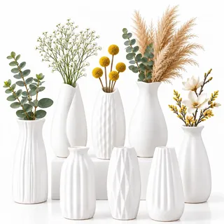 sprattion 8 Stück Kleine Vasen Set Weiß, Keramik Vasen für Tischdeko | ca. 13 cm Kleine Blumenvasen für Frische Blumen, Trockenblumen & Zweige, Mini Dekovasen für Wohnzimmer, Esstisch & Zuhause