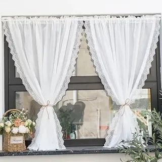 Yaland Leinenoptik Scheibengardine mit zarten Spitzen-Wellenkante Gardine in Küche, Wohnzummer,Balkon Landhausstil Stangendurchzug 1 Stück, Weiß, HxB 160x150cm