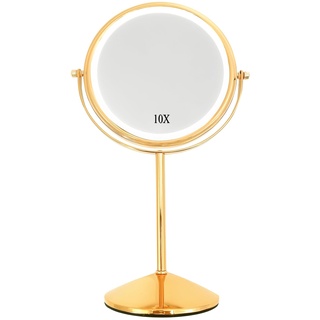 Yarhom Vergrößerungsspiegel mit Lichtern für Make-up-Schreibtisch, 1 x/10 x doppelseitiger Kosmetikspiegel, runder Tischspiegel mit Ständer (Luxusgold,10X Vergrößerung,Mit Licht)