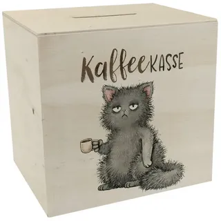 speecheese Spardose Katze mit Tasse Spardose aus Holz mit Spruch Kaffeekasse