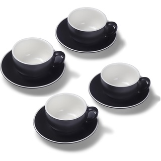 Terra Home 4er Milchkaffee-Tassen Set - Schwarz, 350 ml, Matt, Porzellan, Dickwandig, Spülmaschinenfest, italienisches Design - Kaffee-Tassen Set mit Untertassen