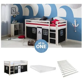 Homestyle4u Hochbett Pirat 90 x 200 cm Kiefer massiv weiß