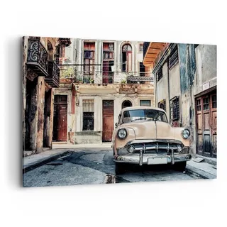 Wandbilder Dekoration Wohnzimmer Kubanisch Auto Mietshäuser Bilder auf Leinwand 120x80cm Leinwandbild Schlafzimmer Küche Deko Wand Kunstdruck Art Groß XXL Wanddeko Bild Wall Decor Canvas AA120x80-4413