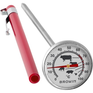 BROWIN® Analog Bratenthermometer mit Etui 100200 | 0-100 °C Grillthermometer | Garthermometer aus Edelstahl | Fleischthermometer für Backofen, BBQ und Grill | Kerntemperaturmesser für Fleisch