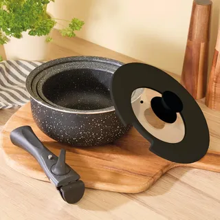 3 PAGEN® 3er-Set Töpfe mit abnehmbarem Griff – platzsparend stapelbar – ideal für kleine Wohnungen, Wohnwagen & Camping - Induktion geeignet - Durchmesser :17,5 cm,19,5 cm & 21,5 cm - Farbe: schwarz