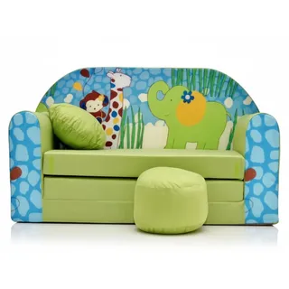 All4All Kindersofa Schlafsofa 3in1 Velo Spielsofa für Kinder Sofa zum Aufklappen Funzy Kindercouch mit Schlaffunktion Verschiedene Muster Grau Rosa Grün Tiermuster Bequem (Z16 Grün/Blau)