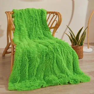 XeGe Luxuriöse Flauschige Couchdecke Sofa Kuscheldecke, warme winterliche Felldecke, hochwertige Kunstpelz Decke, zottelige Plüschdecke, 130x150 cm pelzige Wohndecke für Couch, Limettengrün