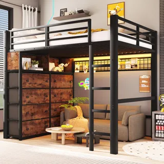 BTM Metall Hochbett 140x200 mit Modulares Schubladen Stauraum Hochbett Jugendliche mit LED, Regalen und Lochwand, Schwarz