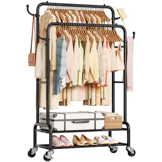 Yorbay Kleiderständer Doppelstange Garderobenständer auf Rollen, mit 2 Ablage, Groß Clothes Rack aus Metall bis 120 kg Belastbar, 90 cm Breit schwarz 90 cm