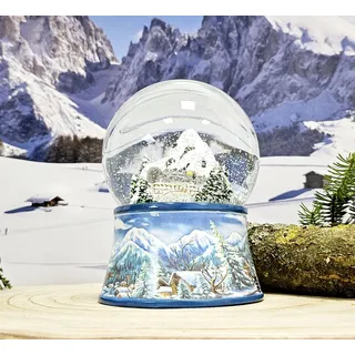 Schneekugel Weihnachten Spieluhr | Berglandschaft Brücke | B: 10cm | 20256 | Breite: 10 cm, Höhe: 14 cm | Sockel Winterlandschaft hellblau | Schüttelkugel Weihnachtsdekoration | mit Musik