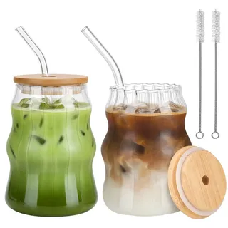 AOQCFS 2 Stück Matcha Gläser Set 530ml Bubble Gläser mit Deckel und Strohhalm, Gerippte Kaffeegläser Latte Macchiato Gläser, Eiskaffee Becher, Smoothie Gläser mit Glasstrohhalm und Bürste