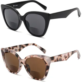 JM 2 Pack Classic Bifokal Lesebrillen Übergroße Cateye Stilvolle Sonnenbrillenleser für Damen Schwarz+Schildkröte +2.5