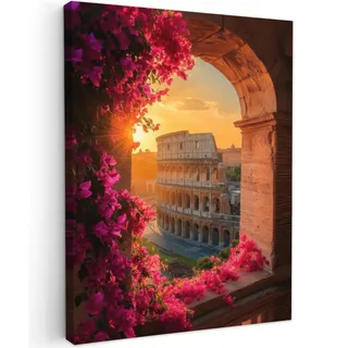 OnlyWow© Gartenbild 70x100 cm Outdoor Leinwand Terrasse Decoration Wanddeko Gartendeko Wetterfest Geschenk Wanddekoration Draußen Kolosseum - Rom - Rosa Blumen