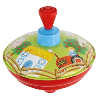 Lena 52412 Brummkreisel Bauernhof Ø 13 cm, Metall Schwungkreisel aus Blech, klassischer Pumpkreisel, Blechkreisel mit Tier Motiv, Kreisel mit Standspitze, Spielzeugkreisel für Kinder ab 18 Monate