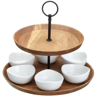 Artesà 2-stöckige Tapas- und Speisenständer, Speisenständer mit 6 Mini-Porzellanschalen, Kuchenständer aus Holz und Handarbeit in Geschenkbox, 24 x 25 cm, Braun & Schwarz