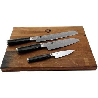 KAI Shun Premier Tim Mälzer Messerset Officemesser TDM-1700 +ultrascharfes Santoku TDM-1702 + Brotmesser TDM-1705 + massives Eichenbrett aus Fassholz, 40x30 cm Angebot