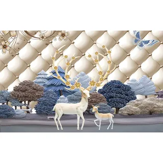 Fototapete PAPERMOON "Muster mit Hirschen gold blau weiß", bunt, B:5m L:2,8m, Vlies, Tapeten