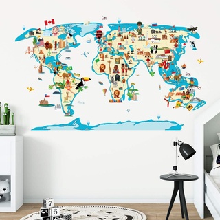 Sticker für Kinder | Wandaufkleber Weltkarte – Wanddekoration Kinderzimmer | 60 x 110 cm