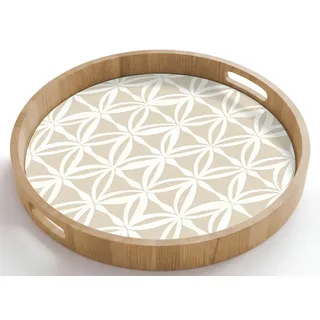 OnlyWow Tablett Rund mit Henkel Motiv - Modern - Beige, Eichenholz, (1-tlg), Servierbrett Groß, Tischdeko, Platte, Tisch Deko beige 50 cm x 50 cm x 5 cm