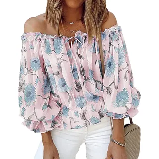 Ausla Damen Schulterfrei Blumenmuster Oberteil Sexy Trägerlos Glockenärmel Rüschen Top Sommer Elegant Carmenbluse mit Spitze - L