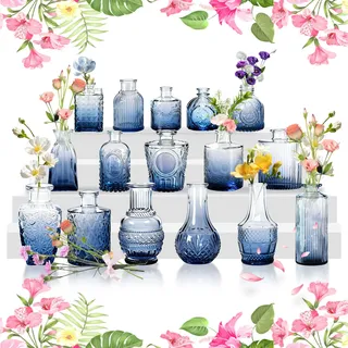 UISEBRT Kleine Vasen für Tischdeko, Vintage Mini Blumenvasen, Glasvasen für Hochzeit, Babyparty, Wohnungsdeko, Kleine Dekovasen für Blumen Pflanzen oder Geschenk,Blau 32er Set