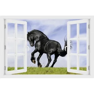 DesFoli Wandtattoo Schwarzes Pferd auf der Weide Tier - verschiedene Rahmentypen DW00001 Farbe Fensterrahmen Querformat, Größe 90 cm x 60 cm