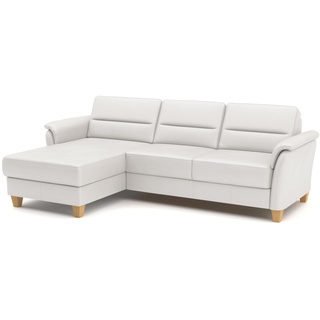 CAVADORE Leder-Eckcouch Palera mit Longchair / Landhaus-Sofa mit Federkern + massiven Holzfüßen / 244 x 89 x 163 / Leder Weiß