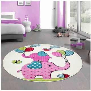 Kinderteppich Süßer Kinder-Teppich, Elefanten & Luftballons, in creme, Carpetia, rund grün|rosa|schwarz rund - 120 cm x 120 cm