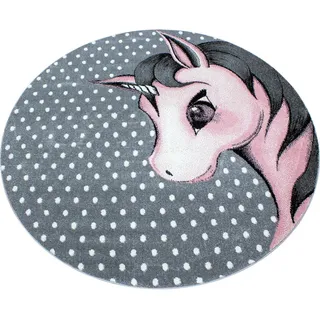 Ayyildiz  Kinderteppich Kids 590, Grau, Weiß, Pink, Textil, Einhorn, rund, Oeko-Tex® Standard 100, leicht zusammenrollbar, strapazierfähig, pflegeleicht, antistatisch, lichtunempfindlich, für Hausstauballergiker geeignet, schmutzabweisend, Fußbodenheizung geeignet, Teppiche & Böden, Teppiche, Runde Teppiche
