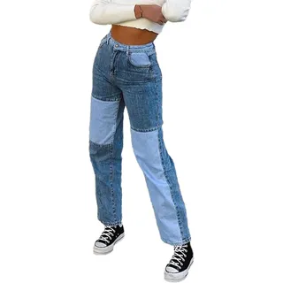 GuliriFe Streetwear Frauen Y2k Bodycon Jeans Mode Patchwork Harajuku Aesthetic Pants Jeans Glatte Jeans Jeans mit hoher Taille 90er Jahre (Blau2, M) - M