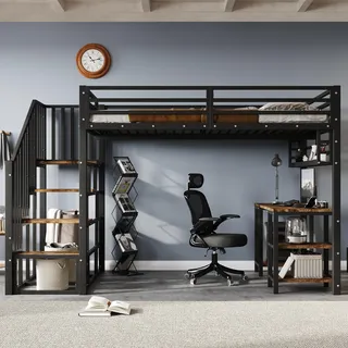 Merax Hochbett 120x200 cm aus Metall – Jugendbett mit Treppe, Schreibtisch & Regal – Stabiler Handlauf – Ohne Matratze