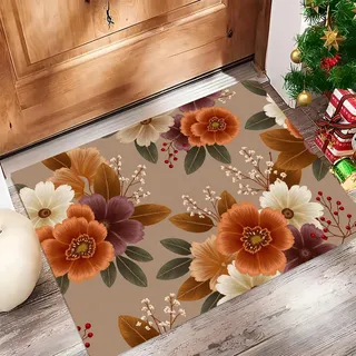 Vintage Blumenästhetikfußmatte Rutschfest Waschbar Flur-Matte Beige Weiche Haustür-Matte,Schmutzfangmatte Für Innen Und Außen,Fussabtreter Eingangsbereich (Aquarell Blumen Blätter Muster, 90 X 150 cm)