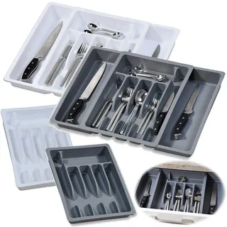 LS-LebenStil Schubladeneinsatz Besteckkasten Weiß 29-50cm Kunststoff | verstellbar passend für handelsübliche Küchen-Schubladen | Besteckbox, Bestecktrenner Organizer ideal in Küche, Haushalt