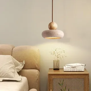 LED Hängeleuchte Gelber Travertin Pendelleuchte Wabi-Sabi Stil Massivholz Runde Kugel Hängelampe Aus Naturstein Klein Kronleuchter Für Bar Schlafzimmer Wohnzimmer Esszimmer Nachttisch Pendellampe(A)