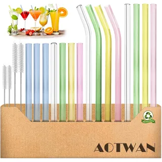 AOTWAN Glasstrohalme Bunt 19 Stück Bunte Strohhalme Glas Bunt,7 Kurz+4 Lange Geraden Glas-Strohhalme,4 Gebogenem Glas Trinkhalme mit 4 Reinigungsbürsten für Cocktails, Smoothie und Säfte