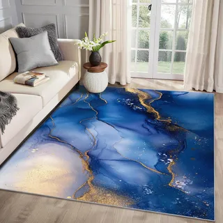 MMYAOKEN Marmor Teppich Wohnzimmer 160x200 Blau Gold Modern Abstrakt Deko, Großer Teppich Kurzflor, Weich rutschfest Waschbare Teppiche, Bettvorleger Schlafzimmer Kinderzimmer
