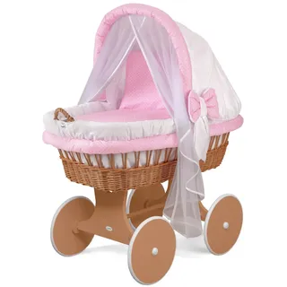 Waldin Baby Stubenwagen-Set mit Ausstattung, XXL, Bollerwagen, komplett, 24 Modelle wählbar, Gestell/Räder braun lackiert, Stoffe rosa/Punkte