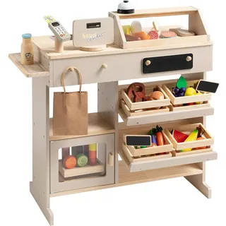 howa Kaufladen Holz - Kaufmannsladen mit 40-teiligem Kaufladen Zubehör, Spielkasse mit Spielzeugkartenleser, Tafel für Kreide, Vitrine, Natur - beige 47559