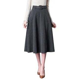 Damen Vintage Wollrock hohe Taille Midi röcke Warm Wolle Winterrock Herbst Feste Farbe Rock Passenden Gurt (S (Taille: 64 cm,Länge: 75cm), Grau) - S