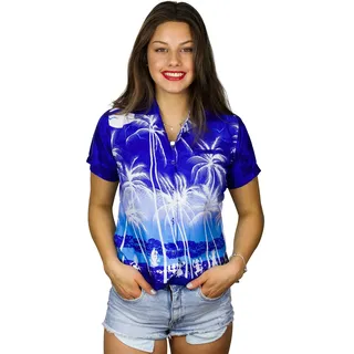 King Kameha Funky Hawaii-Bluse-Hemd, Damen, Kurzarm, JK-Beach, Negativ-Blau, M - M