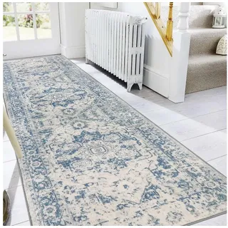 LuxusKollektion Küchenläufer Teppichläufer Flur rutschfest waschbar vintage Blau 80 x 300 cm bunt