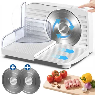 Allesschneider, Elektrischer Allesschneider, 250 W, mit 2 Edelstahlklingen (170 mm) Verstellbare 0–15 mm, herausnehmbares Messer, ideal für Fleisch - Weiß