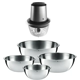 WMF Set 2-teilig Gourmet Schüsselset 4-teilig, Edelstahl Schüsseln für die Küche 0,75l - 2,75l, stapelbar und Kult X Edition Zerkleinerer elektrisch mit Glasbehälter, Blitzhacker 320 W