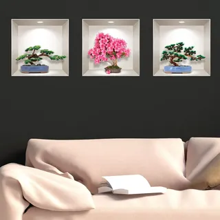 3D-Aufkleber, selbstklebend, 3D-Effekt, Bonsai, Natur und bunt, Wandsticker, für Schlafzimmer und Erwachsene, 3D-Wandaufkleber, Wohnzimmer, Wandaufkleber, Motiv: Trompe L'Auge, 30 x 90 cm