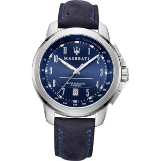 MASERATI Quarzuhr Maserati Leder Armband-Uhr Analog, (Analoguhr), Herrenuhr Lederarmband, rundes Gehäuse, groß (ca. 52x44mm) blau blau